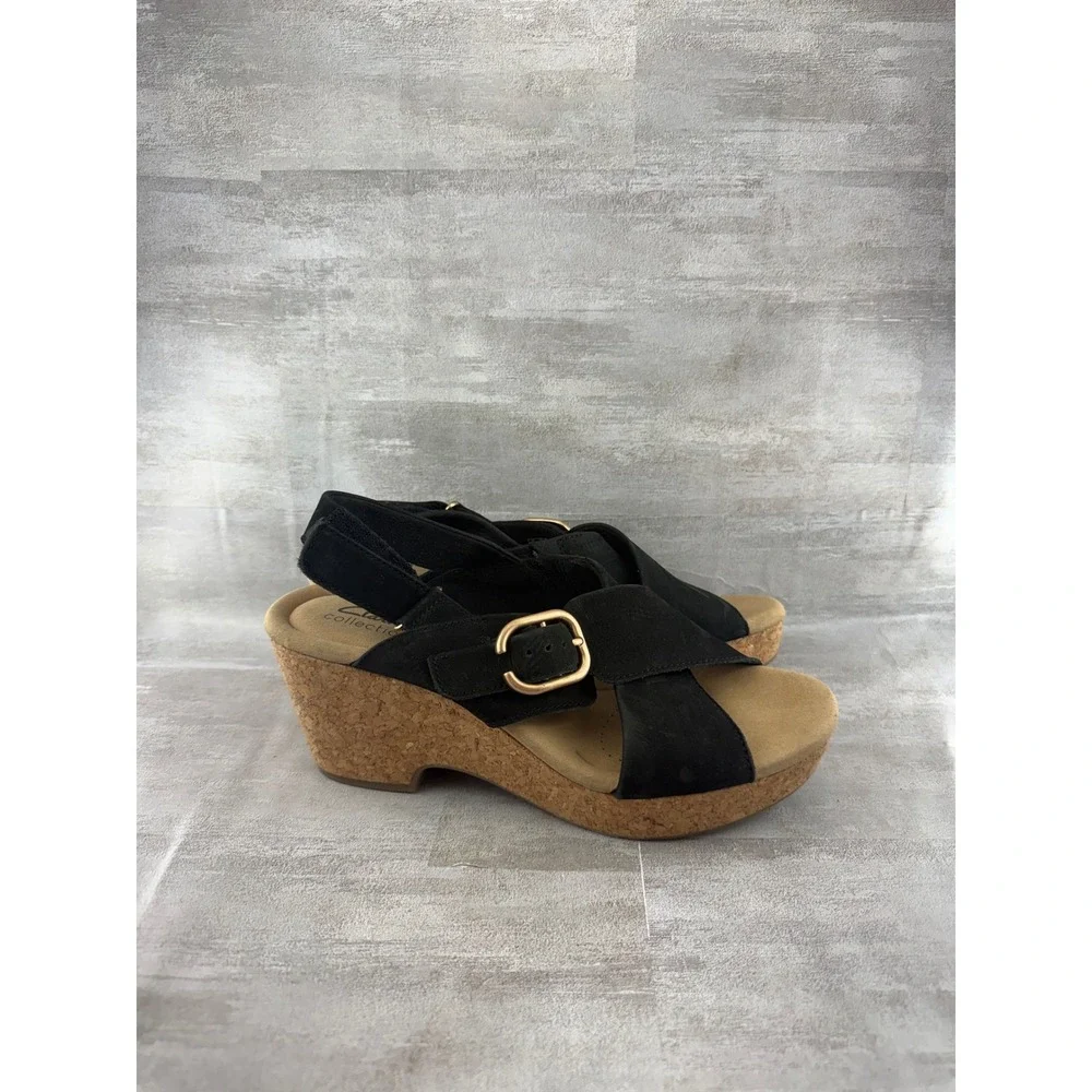 Clarks Collection Black Cork Wedge Sandals Ultimate Comfort Women Size 9.5M